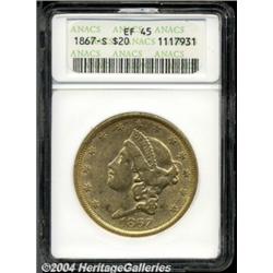 1867-S $20 XF45 ANACS. A pleasing, circulated