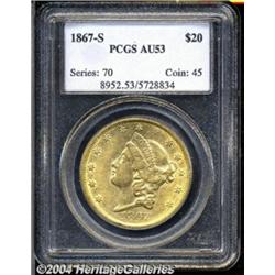 1867-S $20 AU53 PCGS. Bright yellow-gold