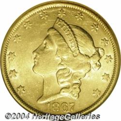 1867-S $20 AU58 NGC. The strike is good, and