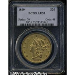 1869 $20 AU53 PCGS. This attractive apricot