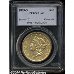 1869-S $20 XF45 PCGS. The surfaces show