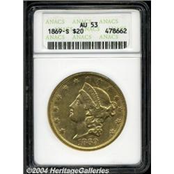 1869-S $20 AU53 ANACS. A typical soft strike