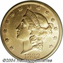 1869-S $20 AU58 PCGS. Lustrous apricot patina.