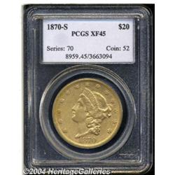 1870-S $20 XF45 PCGS. Ample luster brightens