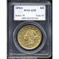 1870-S $20 AU50 PCGS. Radiant luster and bold