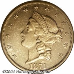 1871-CC $20 AU55 NGC. Variety 1-A. A third and