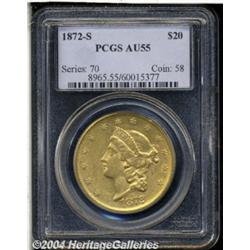 1872-S $20 AU55 PCGS. Lightly worn with a few