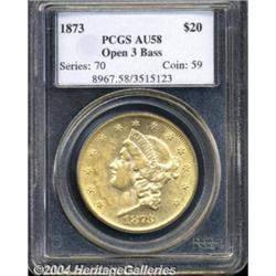 1873 $20 Open 3 AU58 PCGS. Ex: Bass. This