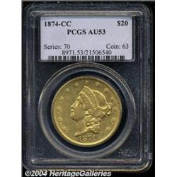 1874-CC $20 AU53 PCGS. Copper-gold coloration