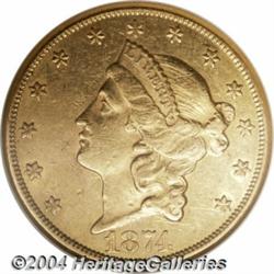 1874-CC $20 AU55 NGC. Variety 1-A. A bold