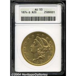 1874-S $20 AU53 ANACS. A slightly better issue
