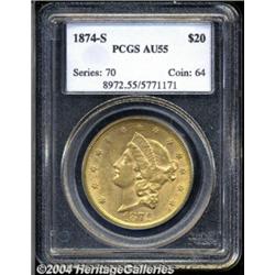 1874-S $20 AU55 PCGS. Original with most of