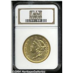 1874-S $20 AU58 NGC. A bright yellow-gold