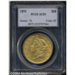1875 $20 AU55 PCGS. Canary-gold, with nice