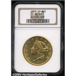1875-CC $20 AU50 NGC. Variety 1-A. A lustrous