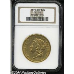 1875-CC $20 AU55 NGC. Bright golden surfaces