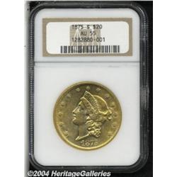 1875-S $20 AU55 NGC. Abundant luster remains