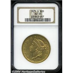 1875-S $20 AU55 NGC. Much luster survives