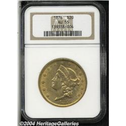1876 $20 AU55 NGC. A lightly worn example that