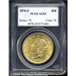 1876-S $20 AU55 PCGS. Bright yellow-gold