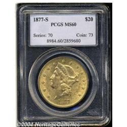 1877-S $20 MS60 PCGS. A frosty and boldly