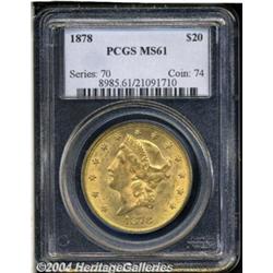 1878 $20 MS61 PCGS. Bright pink-golden color