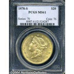 1878-S $20 MS61 PCGS. A bright yellow-gold