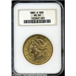 1882-S $20 MS60 NGC. Sharply defined but