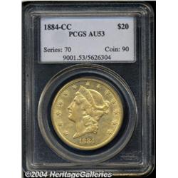 1884-CC $20 AU53 PCGS. Variety 1-A. The
