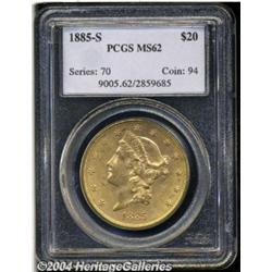 1885-S $20 MS62 PCGS. A somewhat prooflike