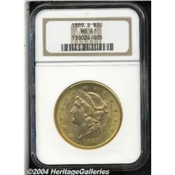 1889-S $20 MS61 NGC. Light copper-gold color