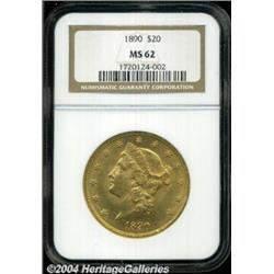 1890 $20 MS62 NGC. A satiny, boldly struck