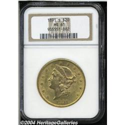 1891-S $20 MS61 NGC. Green-golden patina