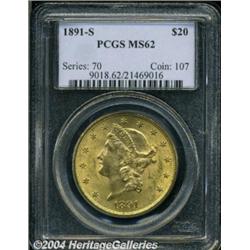 1891-S $20 MS62 PCGS. An apricot-gold