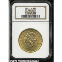 1891-S $20 MS62 NGC. Bright, satiny luster and