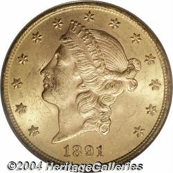 1891-S $20 MS63 PCGS. Pleasing, sharply