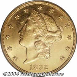 1892 $20 MS62 PCGS. Although not quite as rare