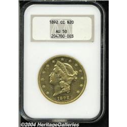 1892-CC $20 AU50 NGC. Variety 1-A. Flashy