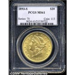 1893-S $20 MS61 PCGS. Bright and satiny, with