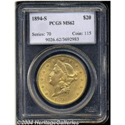1894-S $20 MS62 PCGS. Peach and olive-gold