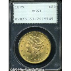 1899 $20 MS63 PCGS. Sharply struck, clean, and