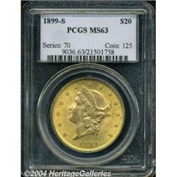 1899-S $20 MS63 PCGS. Lustrous, apricot-gold