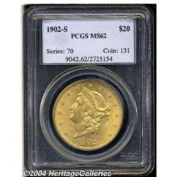 1902-S $20 MS62 PCGS. Luster overwhelms the