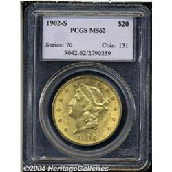 1902-S $20 MS62 PCGS. A lustrous example of