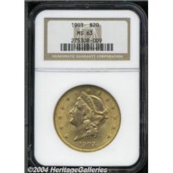 1903 $20 MS63 NGC. Satiny surfaces underlie