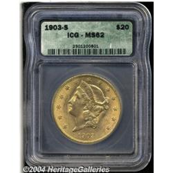 1903-S $20 MS62 ICG. This pale orange-gold