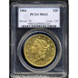1904 $20 MS63 PCGS. Remarkably prooflike on