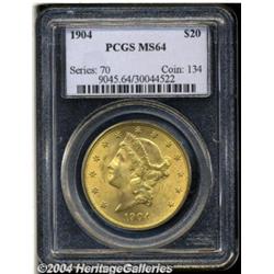 1904 $20 MS64 PCGS. A satiny and crisply