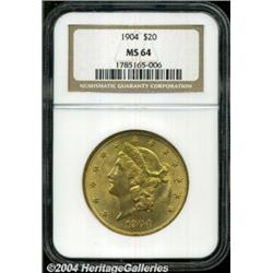 1904 $20 MS64 NGC. Orange-gold patina over