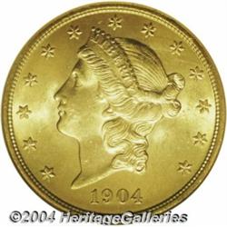 1904 $20 MS65 NGC. A satiny textured Gem with